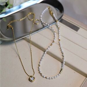 Vintage Heart Necklace and Keshi Freshwater Pearl Necklace with pink luster set